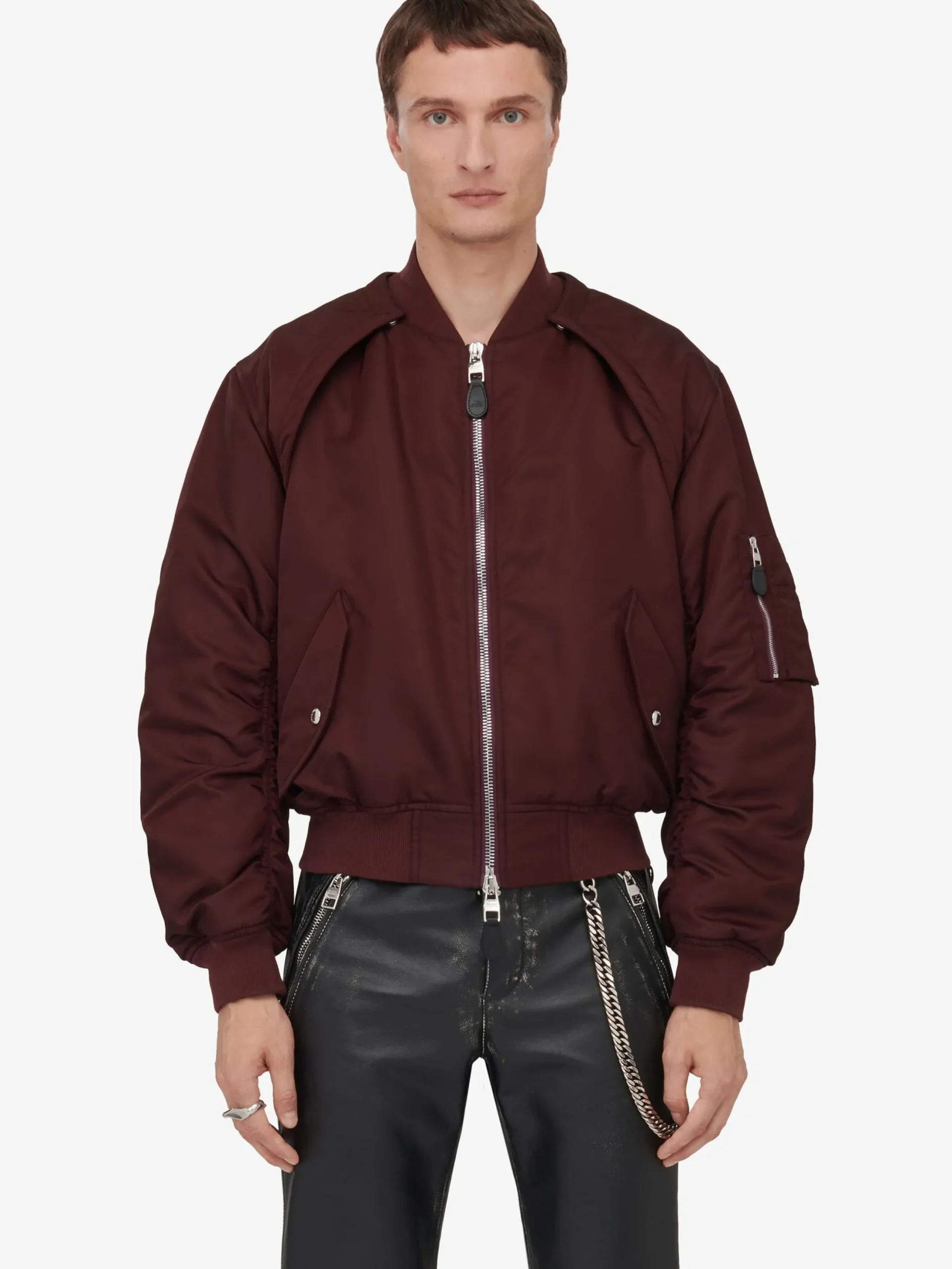 New Alexander McQueen Men's Detachable Sleeve Bomber Jacket in Bordeaux