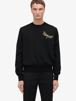 Sale Alexander McQueen Men's Dragonfly Applique Jumper in Black/ Gold