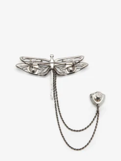 Discount Alexander McQueen Men's Dragonfly Double Pin Brooch in Antique Silver