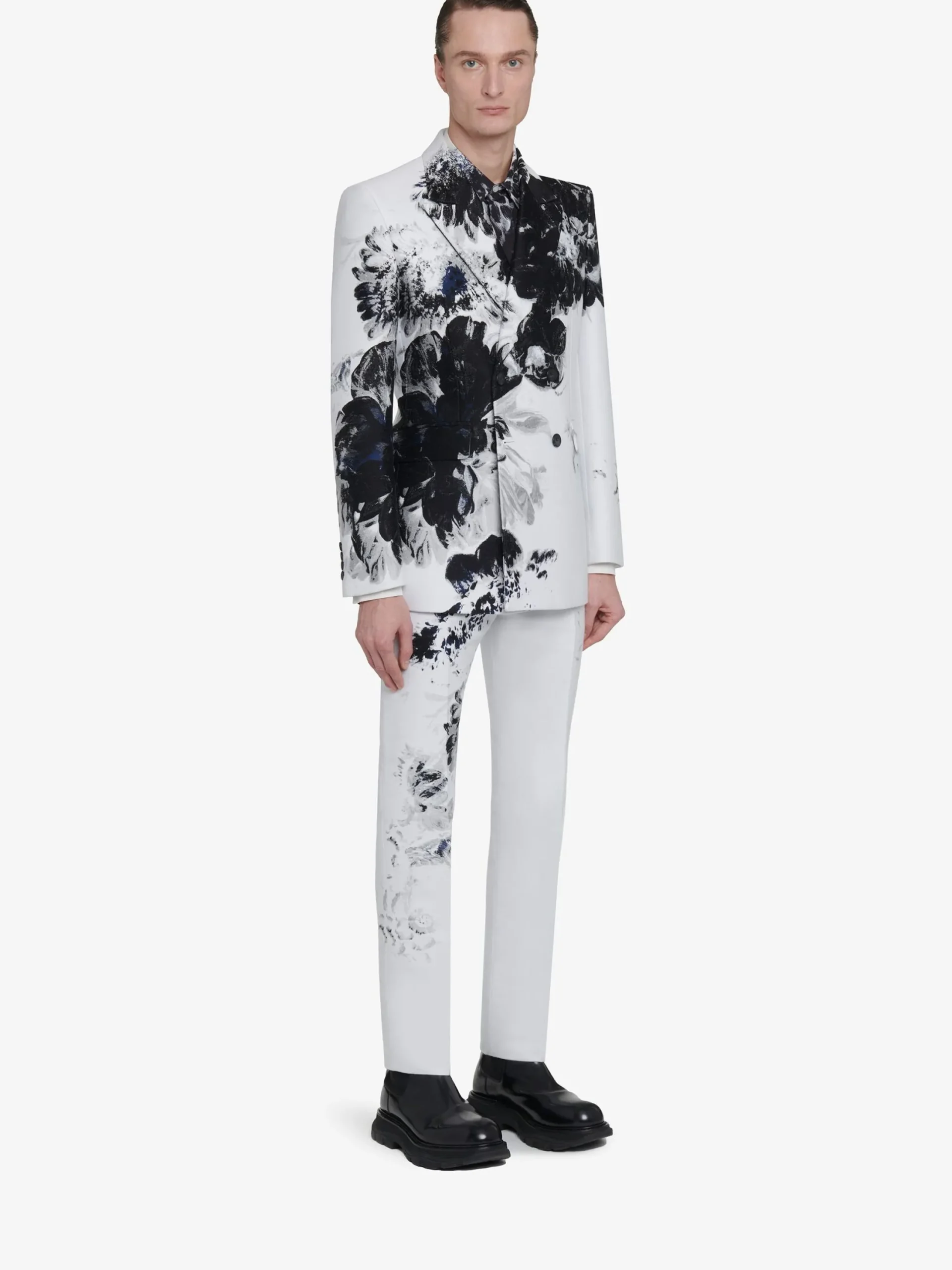 Flash Sale Alexander McQueen Men's Dutch Flower Double-breasted Jacket in Black/White