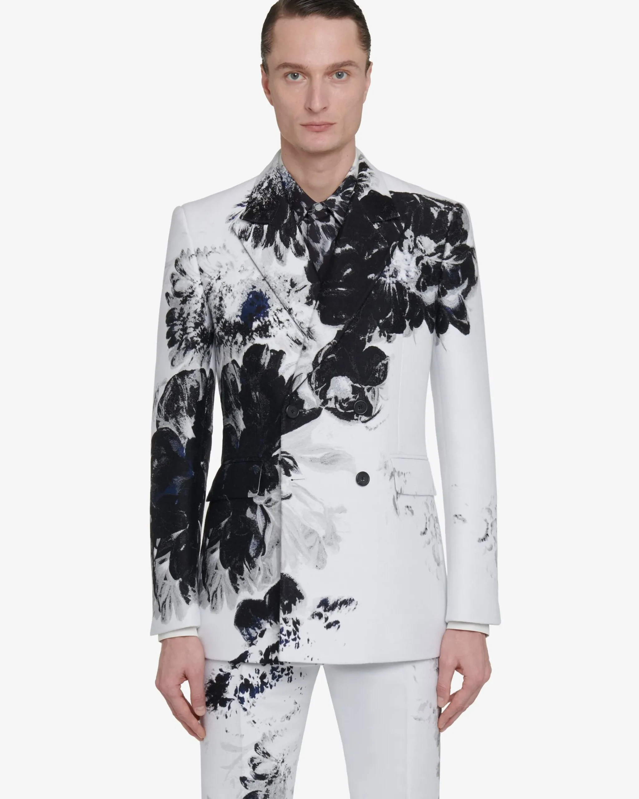 Flash Sale Alexander McQueen Men's Dutch Flower Double-breasted Jacket in Black/White
