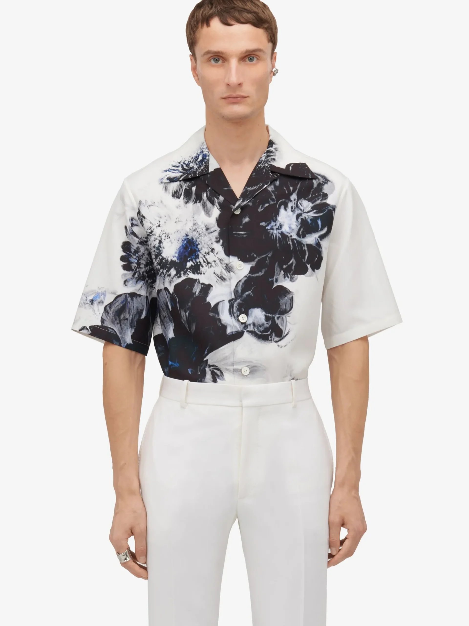 Online Alexander McQueen Men's Dutch Flower Hawaiian Shirt in Black/White