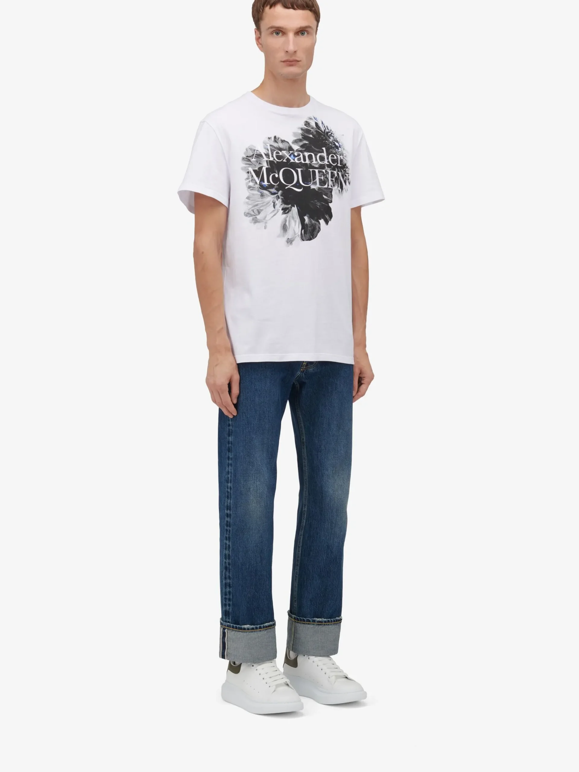 Hot Alexander McQueen Men's Dutch Flower Logo T-shirt in White/Black