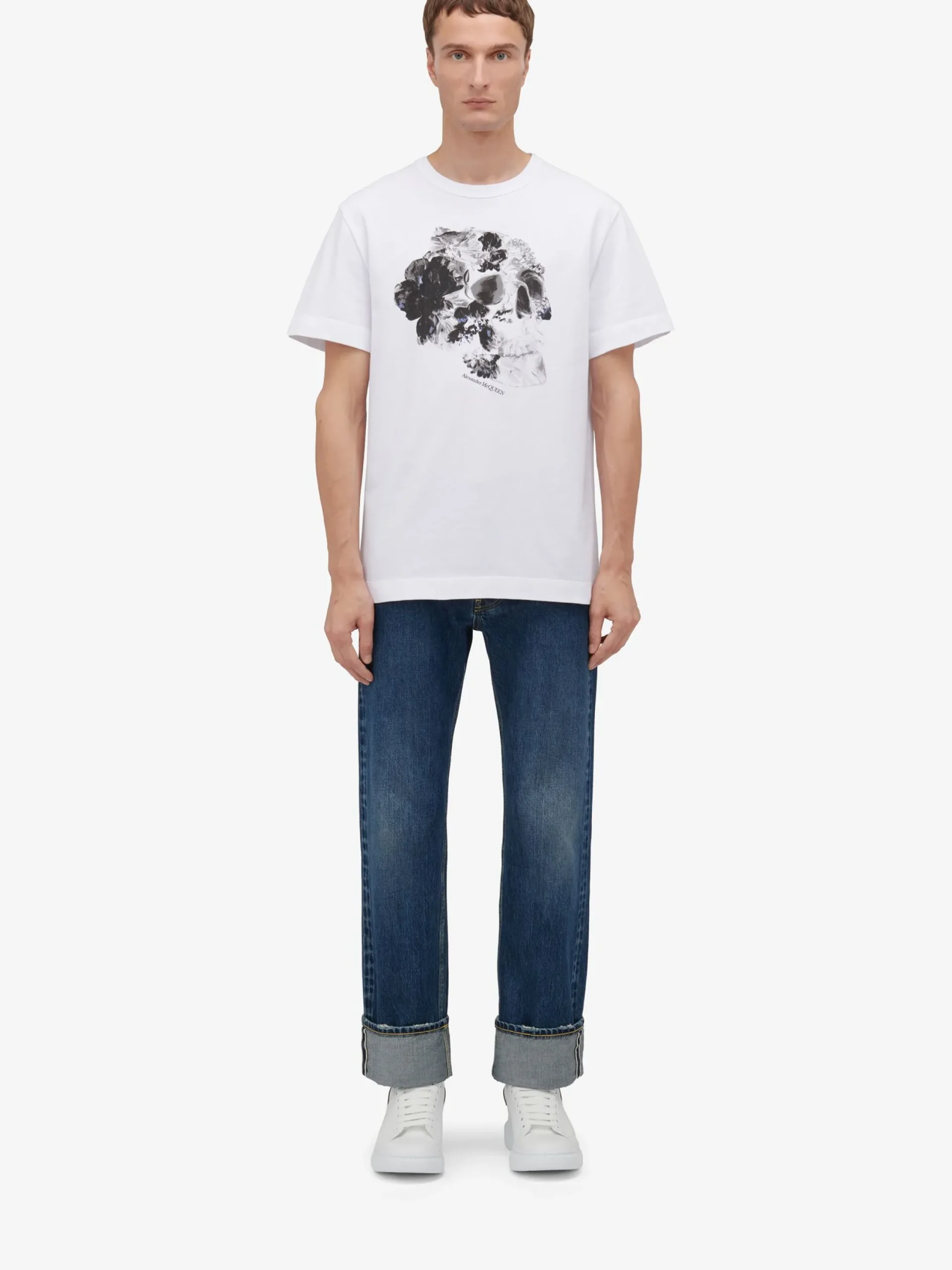 Shop Alexander McQueen Men's Dutch Flower Skull Print in White/Black