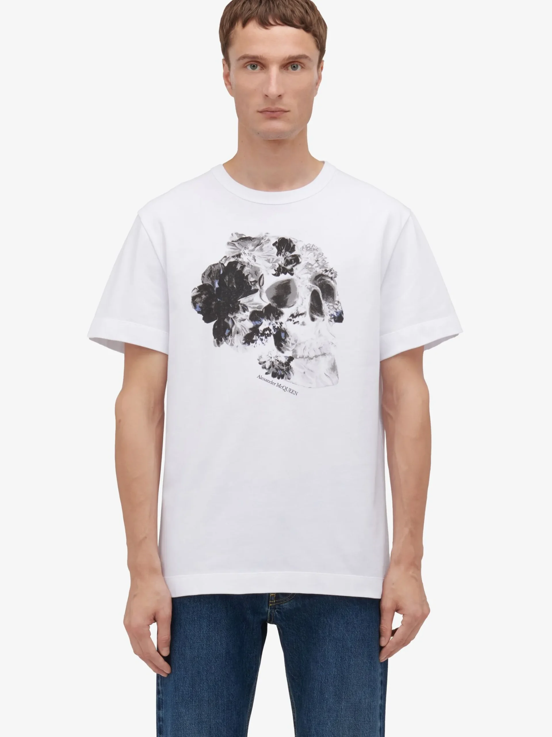 Shop Alexander McQueen Men's Dutch Flower Skull Print in White/Black