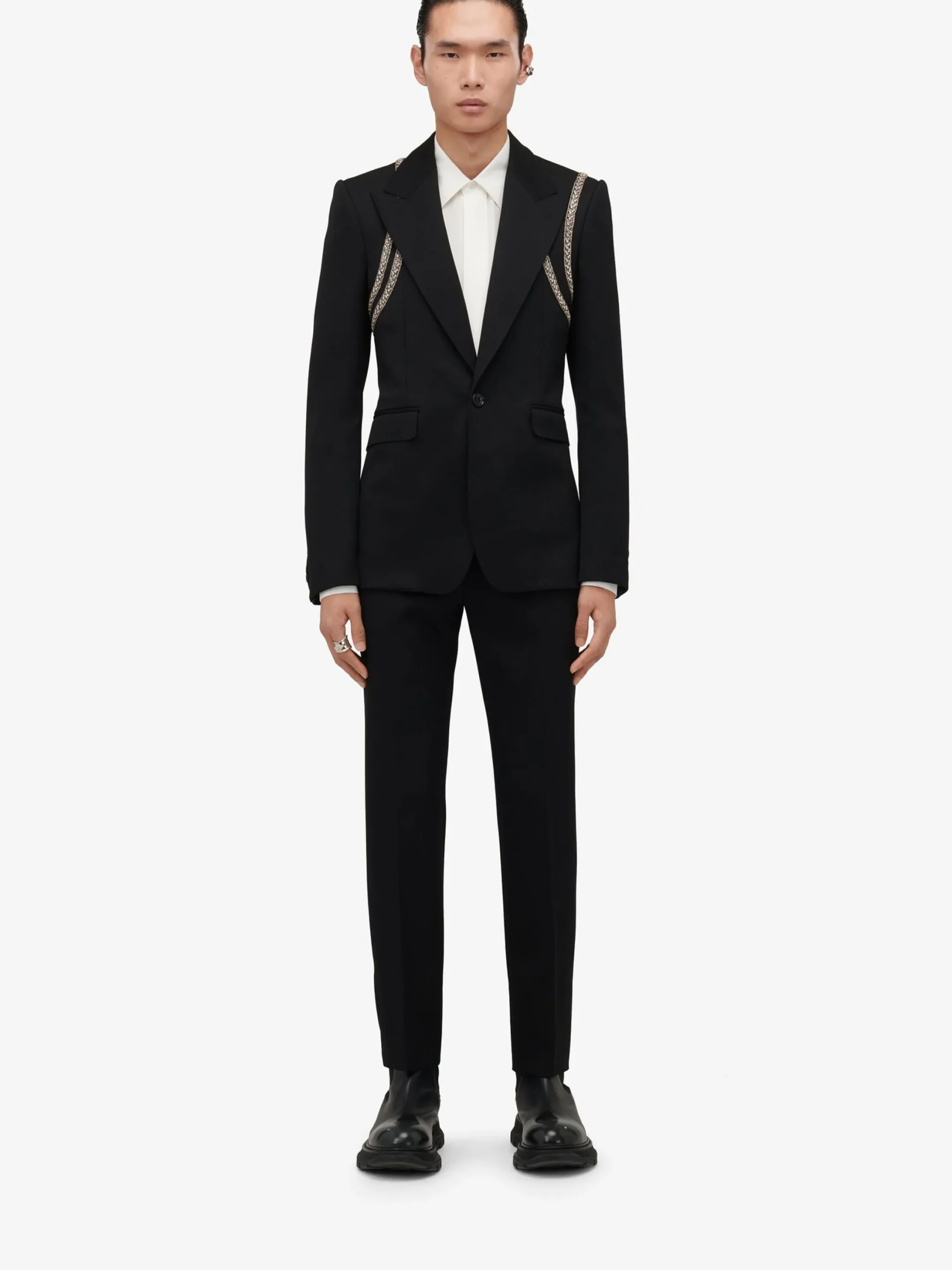 Cheap Alexander McQueen Men's Embroidered Harness Single-breasted Jacket in Black