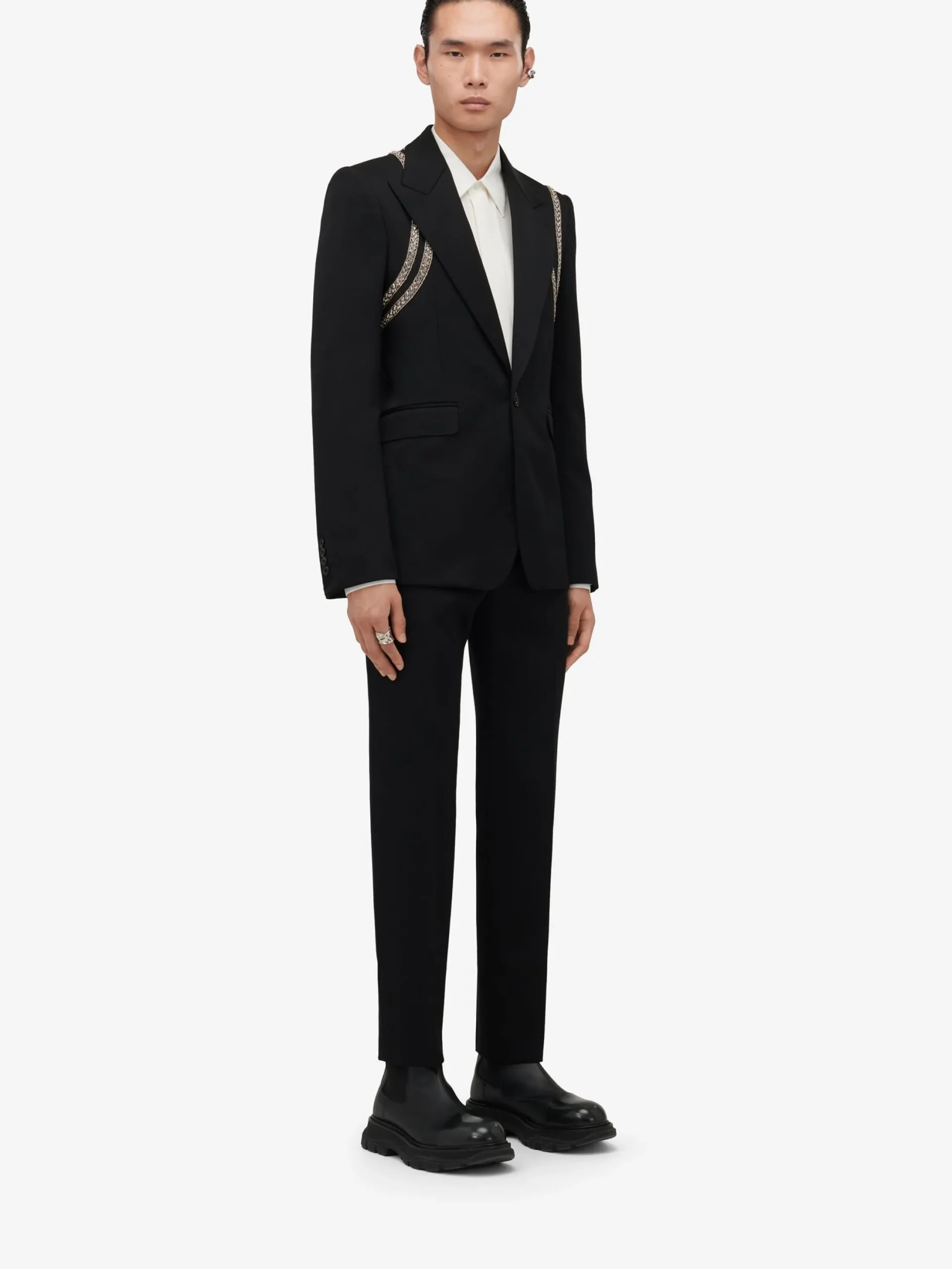 Cheap Alexander McQueen Men's Embroidered Harness Single-breasted Jacket in Black