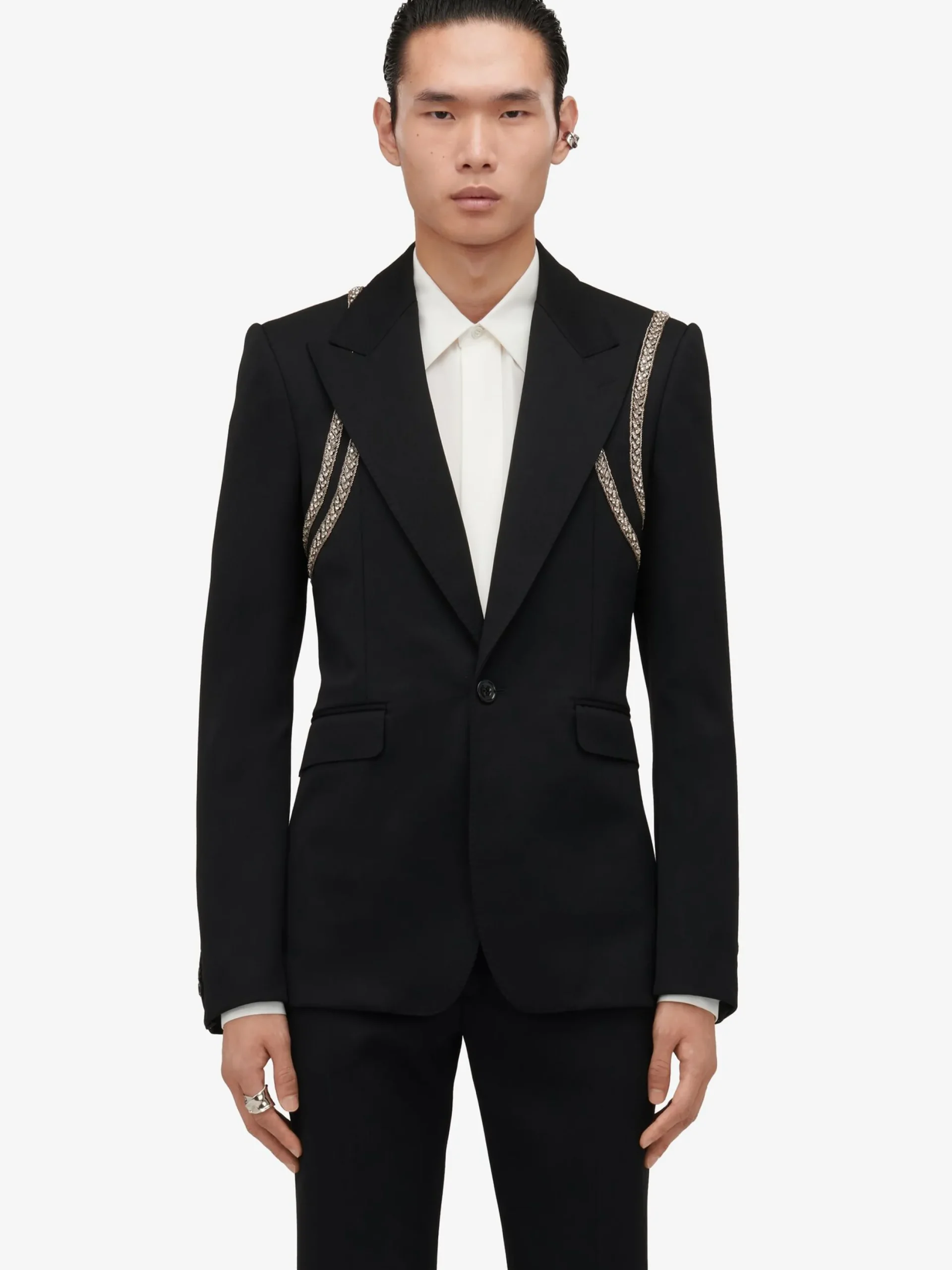 Cheap Alexander McQueen Men's Embroidered Harness Single-breasted Jacket in Black