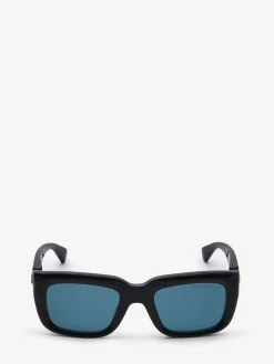 Store Alexander McQueen Men's Floating Skull Rectangular Sunglasses in Black/Blue
