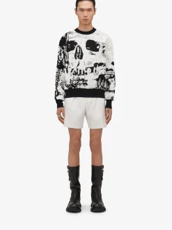 Discount Alexander McQueen Men's Fold Skull Jacquard Jumper in Ivory/Black