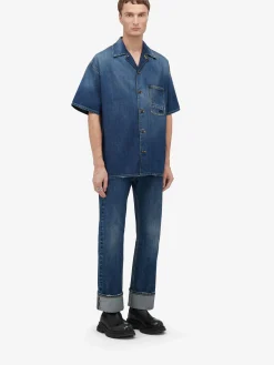 Best Alexander McQueen Men's Hawaiian Denim Shirt in Washed Blue