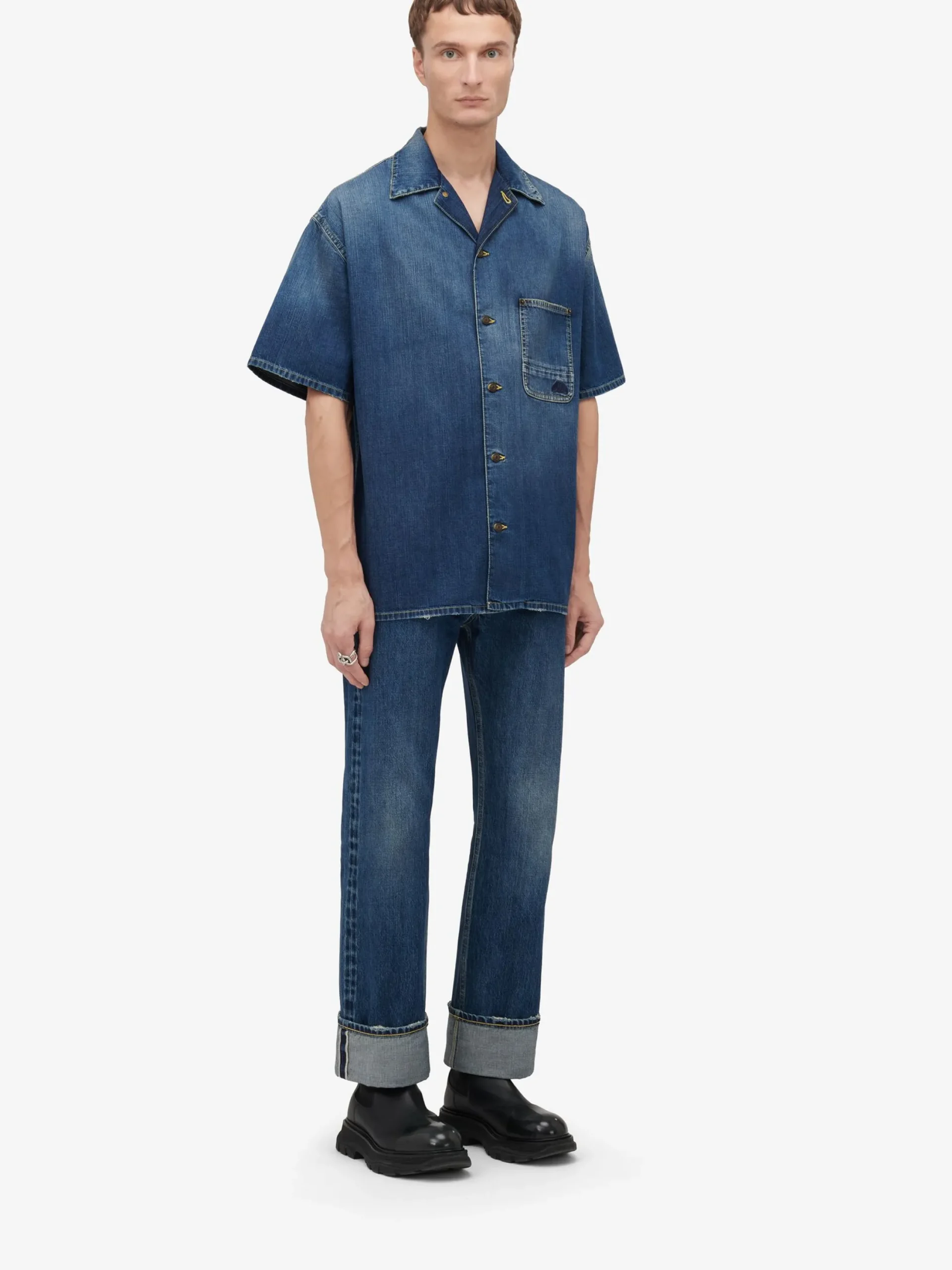 Best Alexander McQueen Men's Hawaiian Denim Shirt in Washed Blue