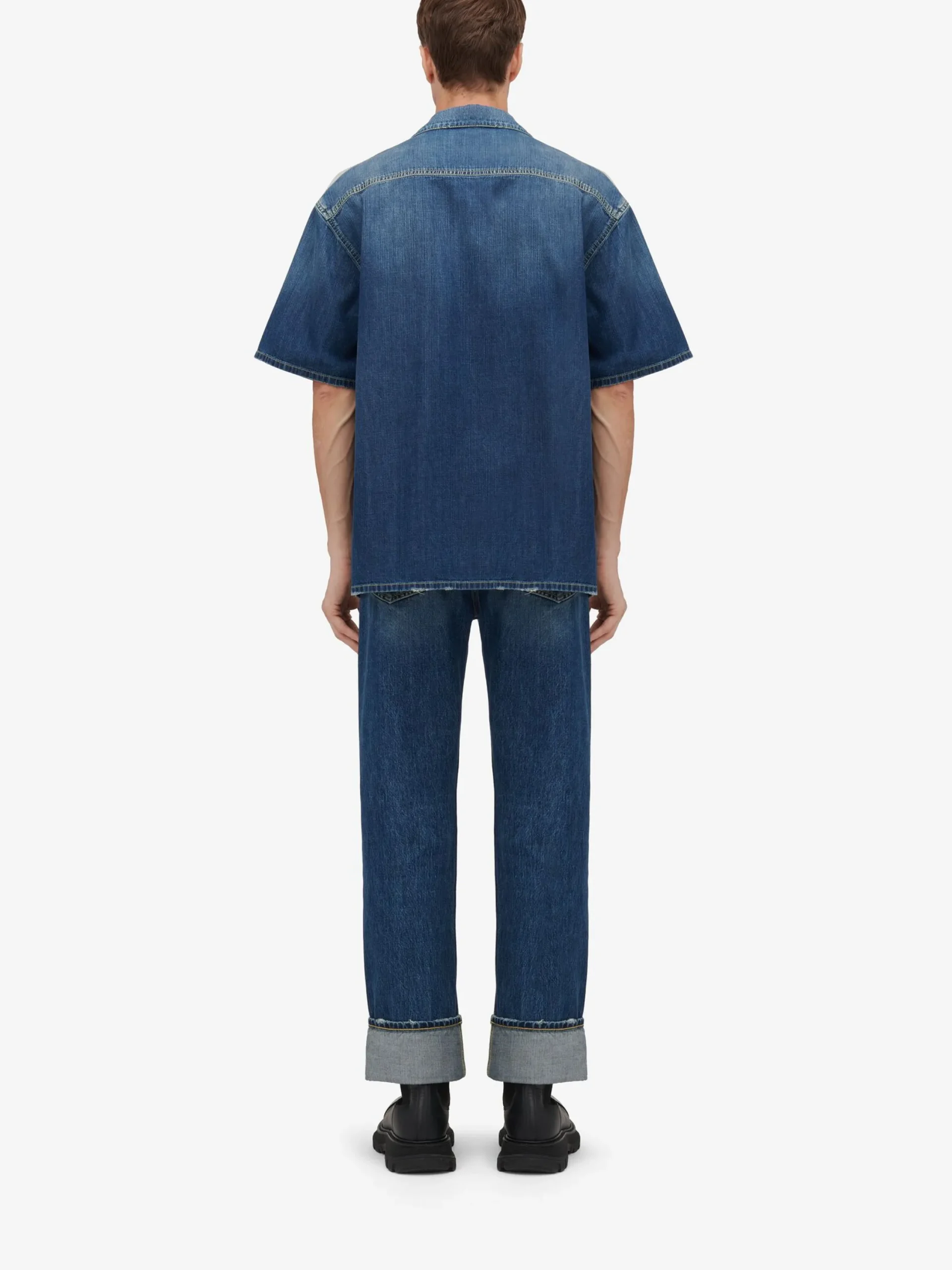 Best Alexander McQueen Men's Hawaiian Denim Shirt in Washed Blue