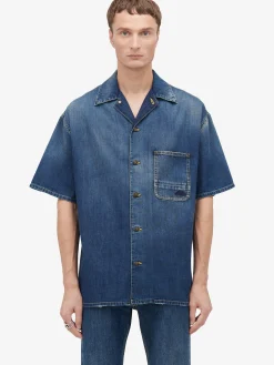 Best Alexander McQueen Men's Hawaiian Denim Shirt in Washed Blue