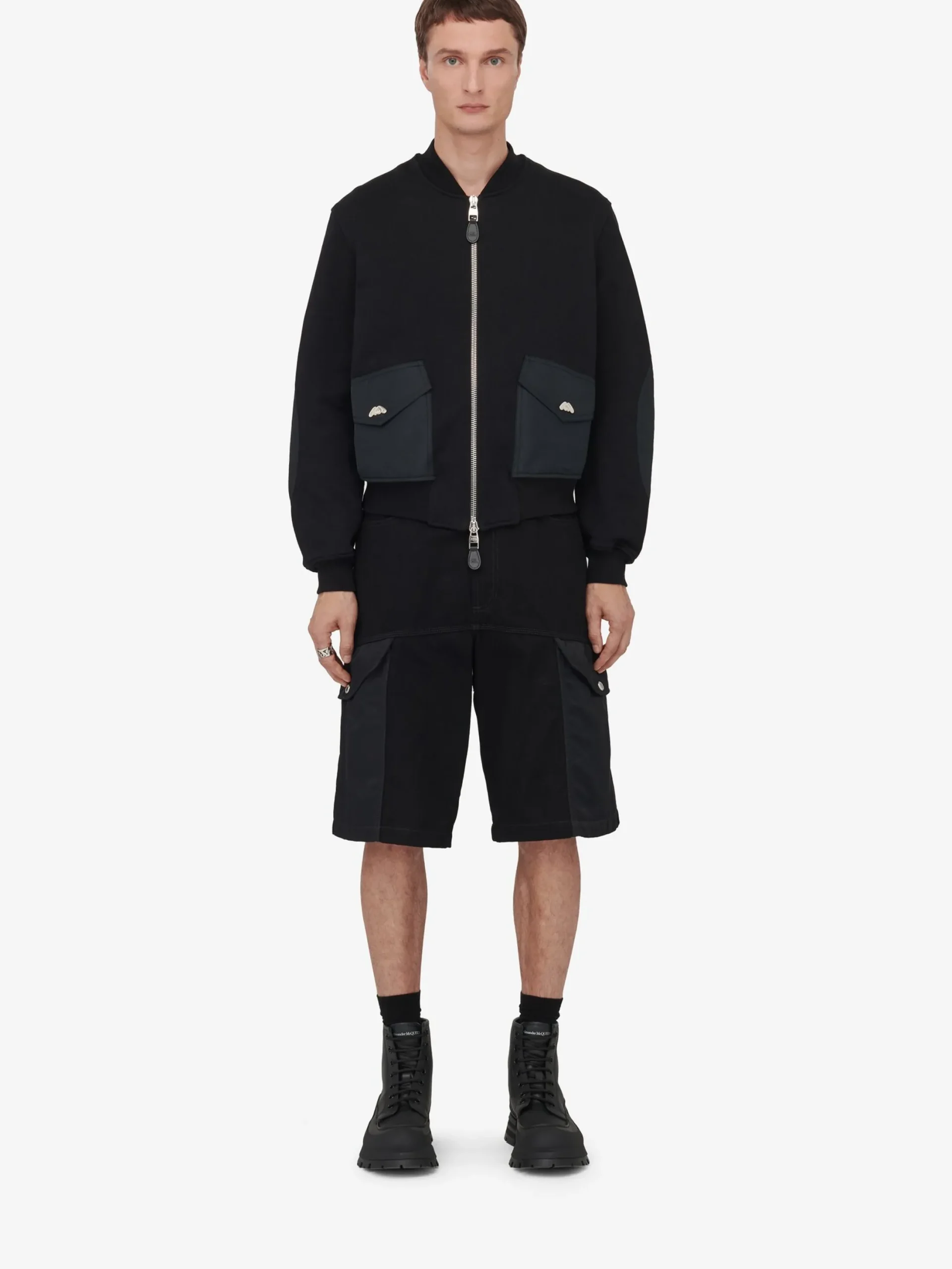 Store Alexander McQueen Men's Hybrid Bomber Jacket in Black