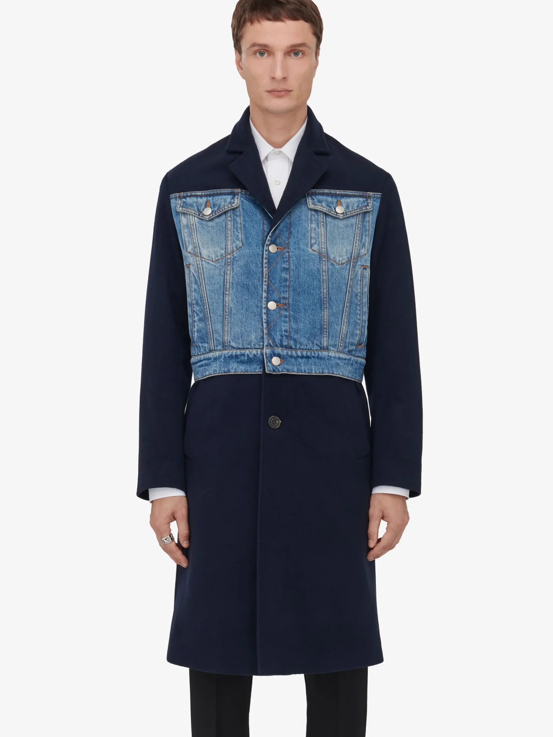 Best Alexander McQueen Men's Hybrid Overcoat in Navy/Blue Washed