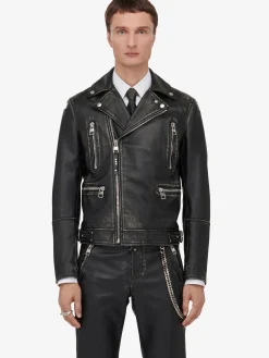 Online Alexander McQueen Men's Leather Biker Jacket in Black/Ivory