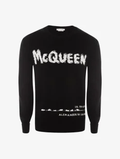 New Alexander McQueen Men's McQueen Graffiti Crew Neck Sweater in Black