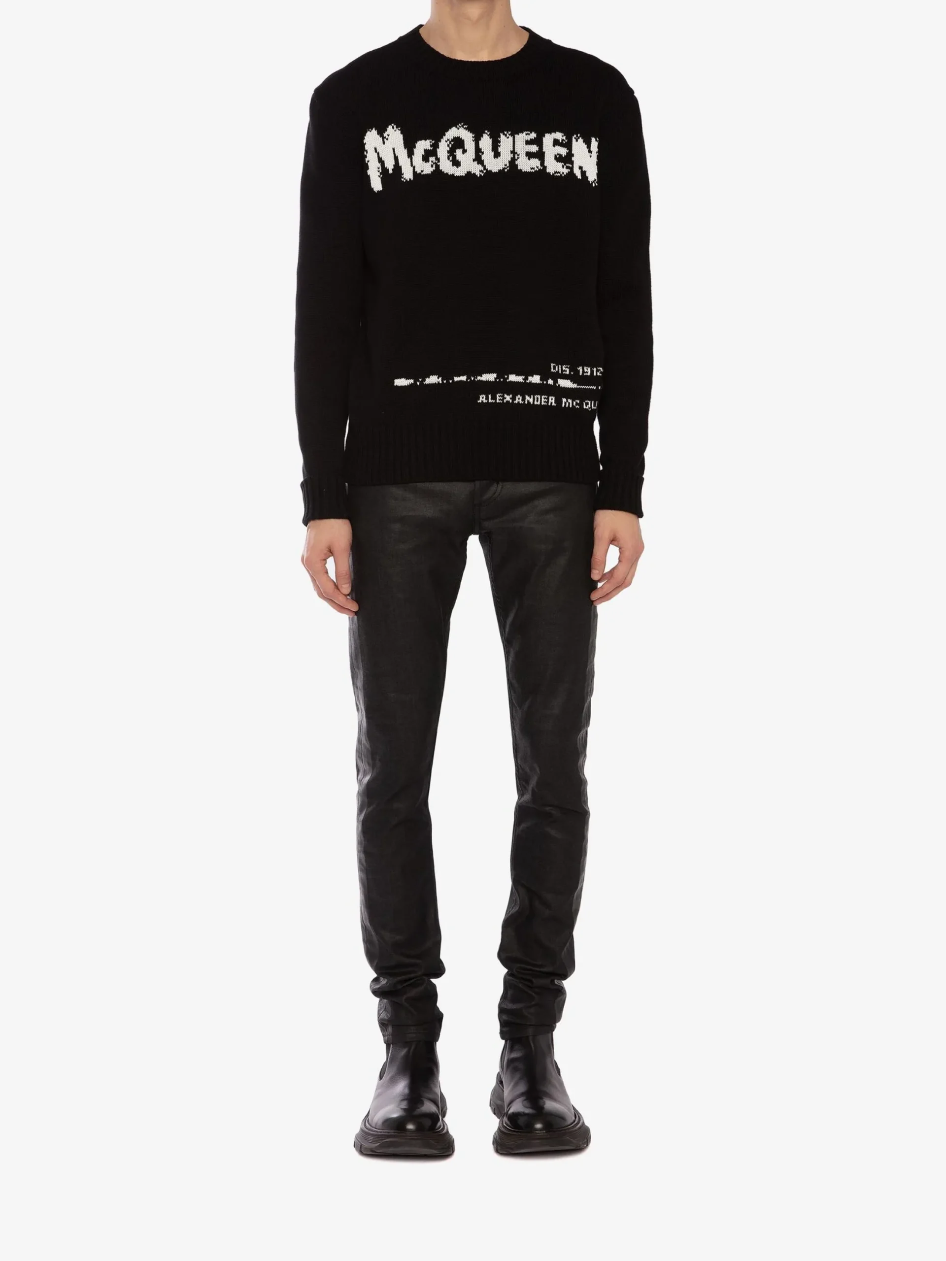 New Alexander McQueen Men's McQueen Graffiti Crew Neck Sweater in Black