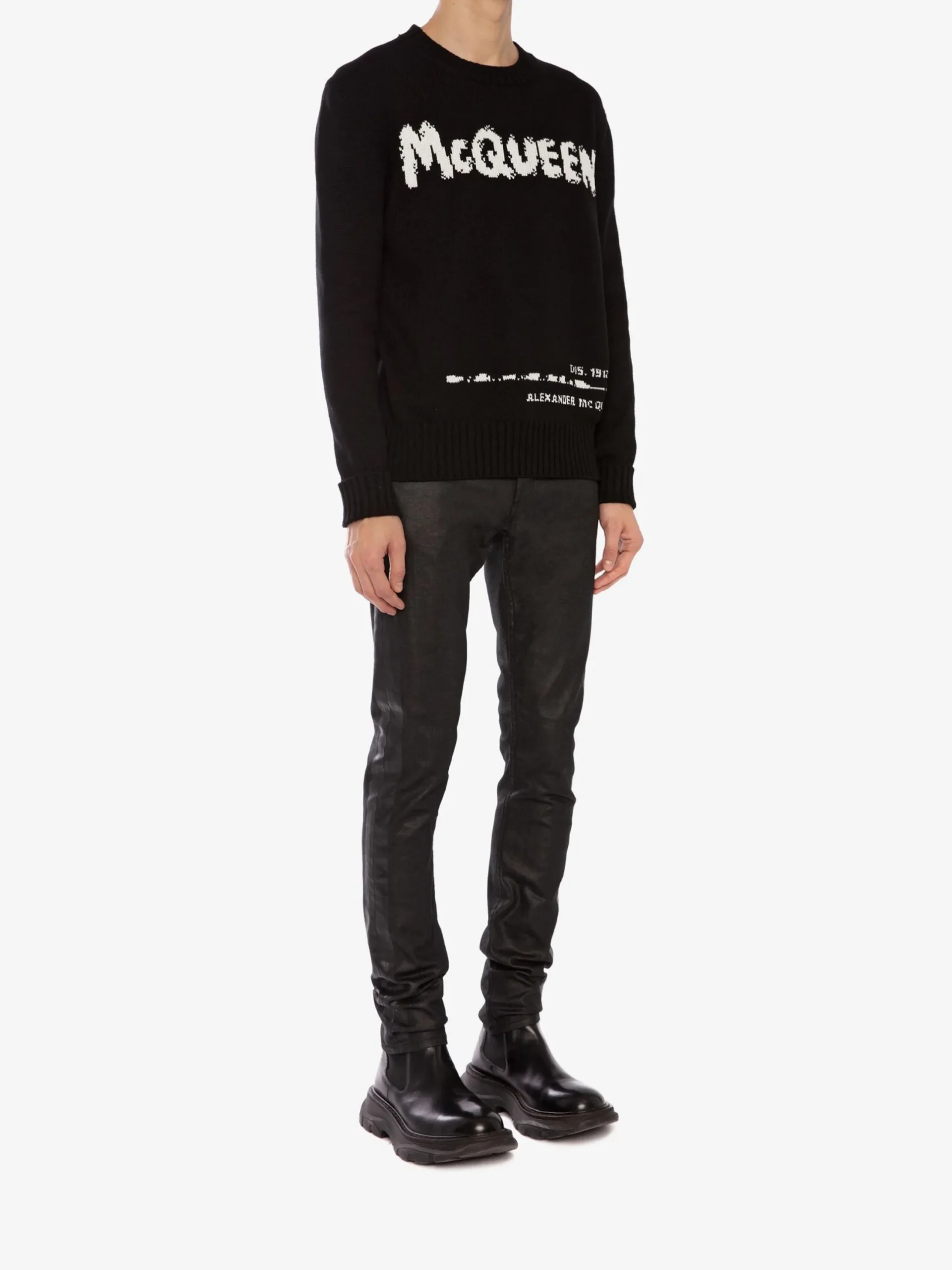 New Alexander McQueen Men's McQueen Graffiti Crew Neck Sweater in Black