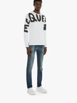 Store Alexander McQueen Men's McQueen Graffiti Denim Jeans in Washed Blue