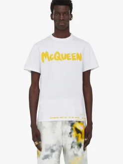 Best Sale Alexander McQueen Men's McQueen Graffiti T-shirt in White/Yellow