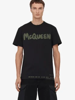 Hot Alexander McQueen Men's McQueen Graffiti T-shirt in Black/Khaki