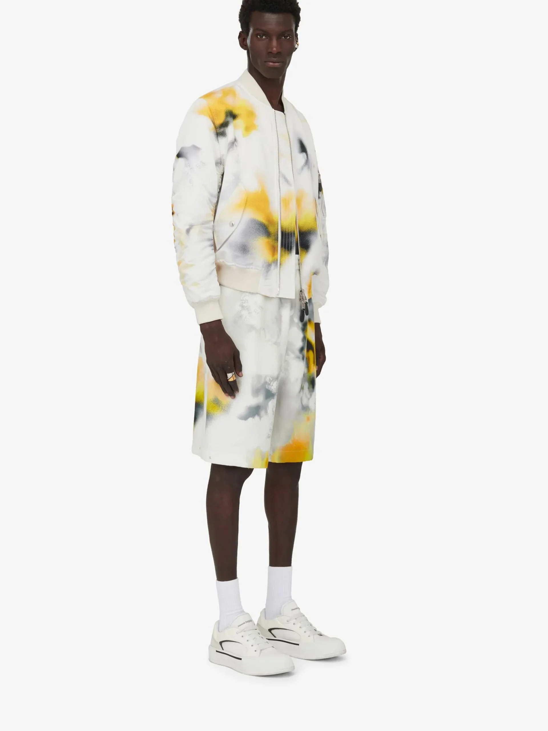 Flash Sale Alexander McQueen Men's Obscured Flower Bomber Jacket in White/Yellow