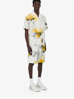 Shop Alexander McQueen Men's Obscured Flower Bowling Shirt in White/Yellow