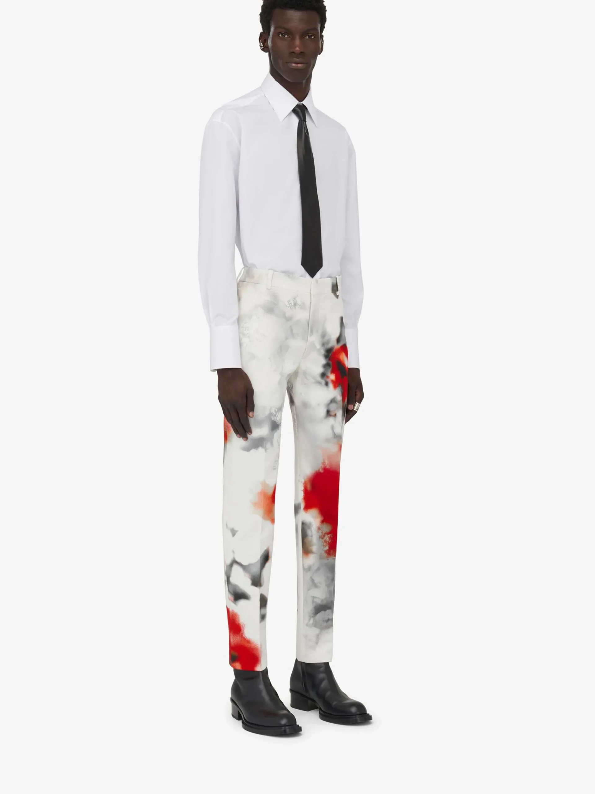 Discount Alexander McQueen Men's Obscured Flower Cigarette Trousers in White/Red