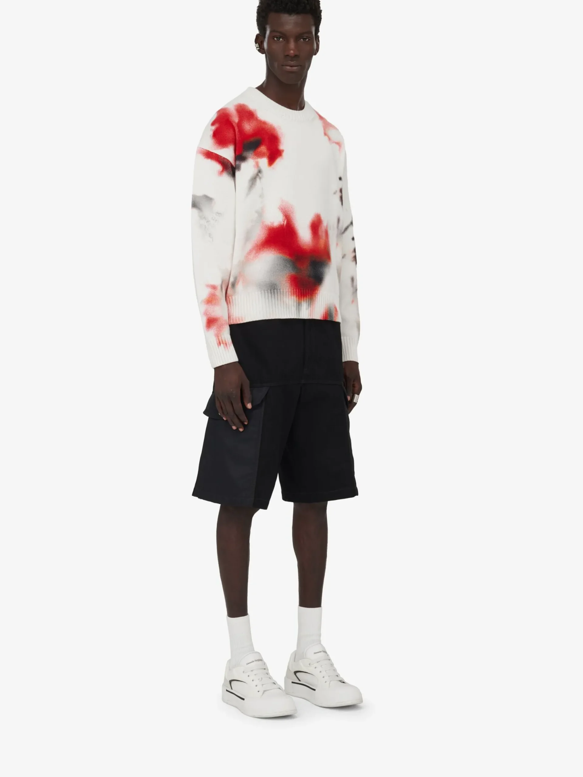 Flash Sale Alexander McQueen Men's Obscured Flower Jumper in Ivory/Red/Black