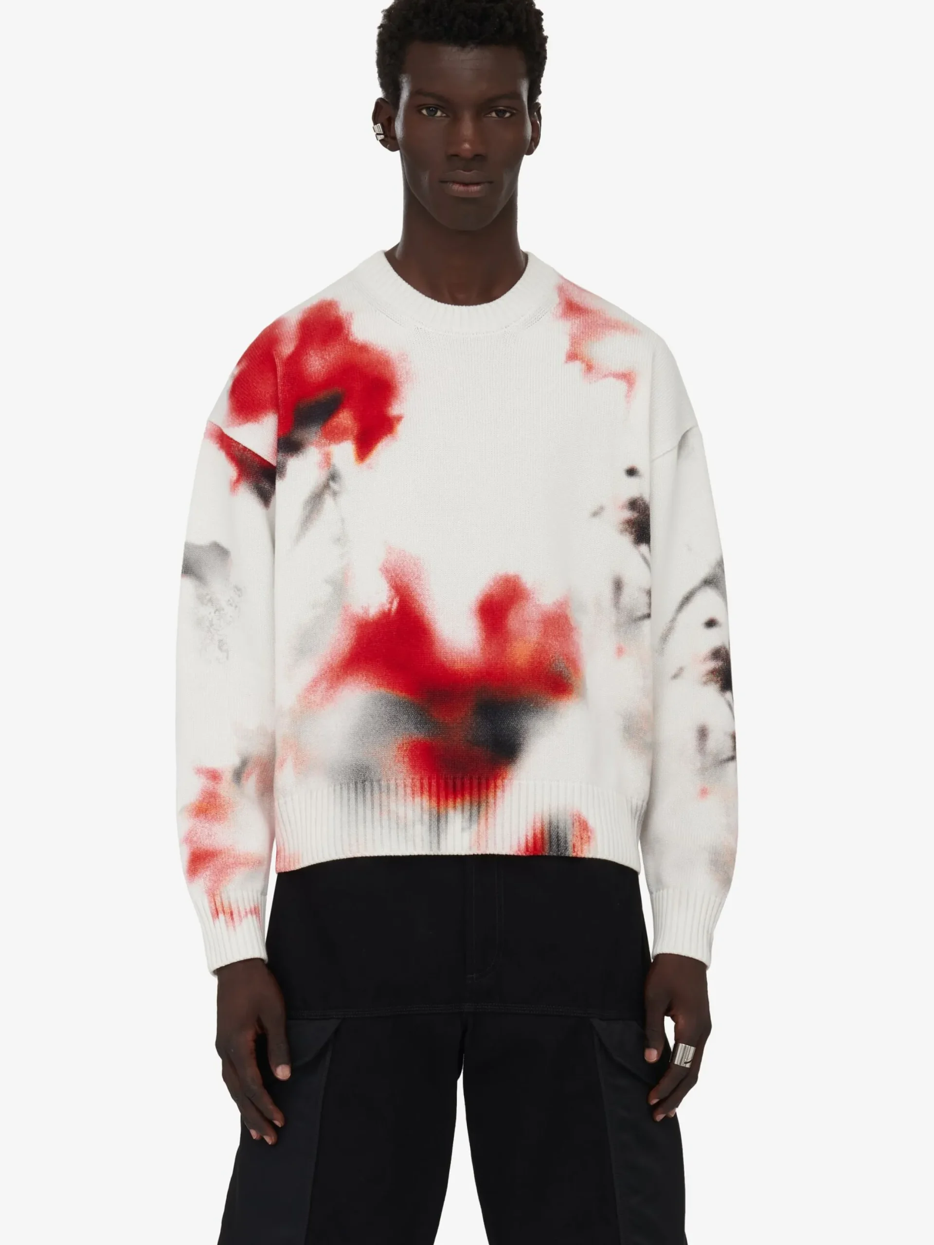Flash Sale Alexander McQueen Men's Obscured Flower Jumper in Ivory/Red/Black