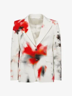 Discount Alexander McQueen Men's Obscured Flower Single-breasted Jacket in White/Red