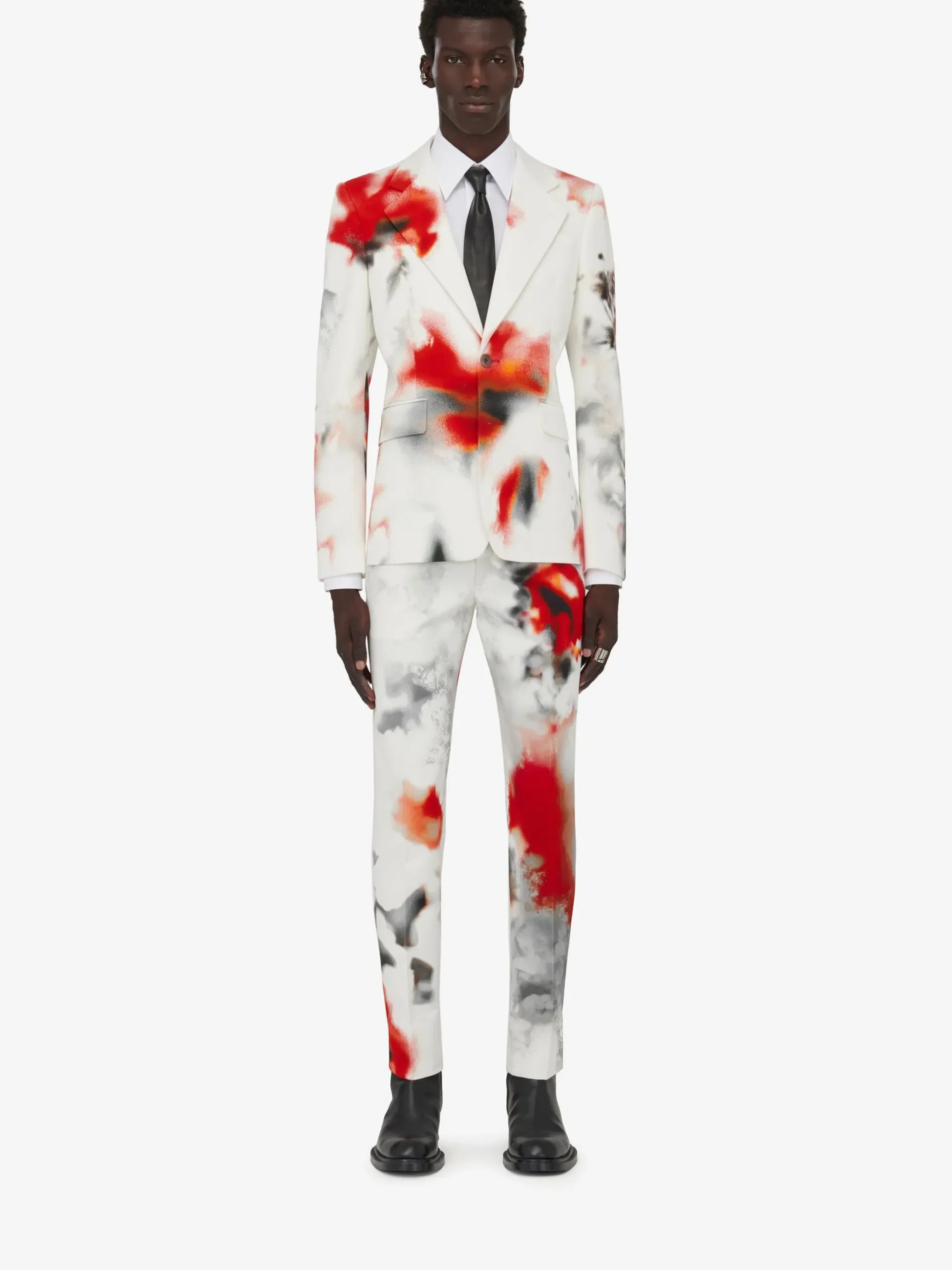 Discount Alexander McQueen Men's Obscured Flower Single-breasted Jacket in White/Red