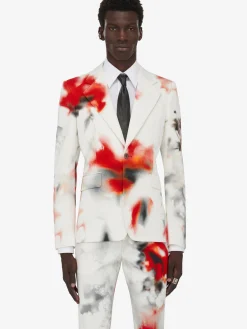 Discount Alexander McQueen Men's Obscured Flower Single-breasted Jacket in White/Red