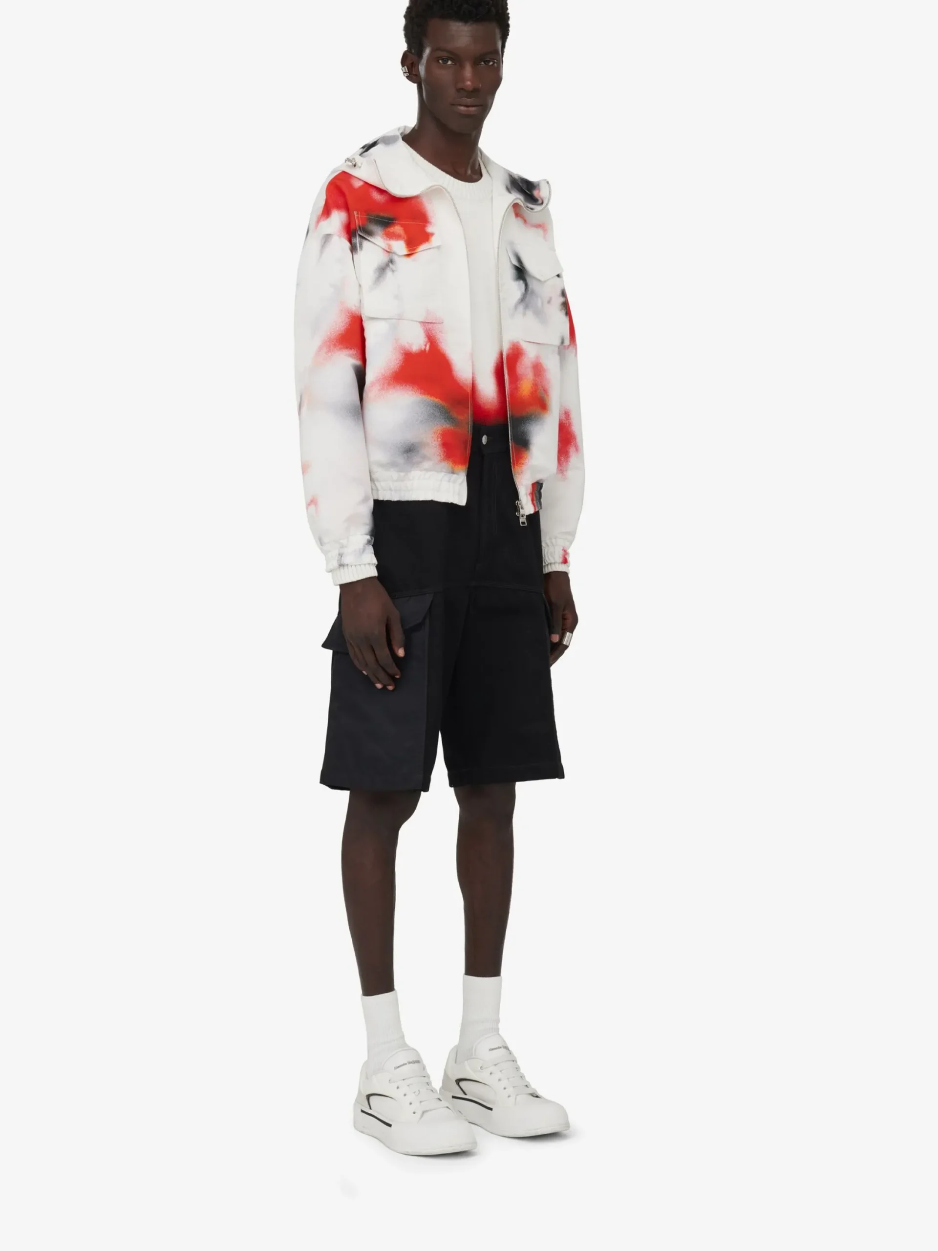 Shop Alexander McQueen Men's Obscured Flower Windbreaker in White/Red