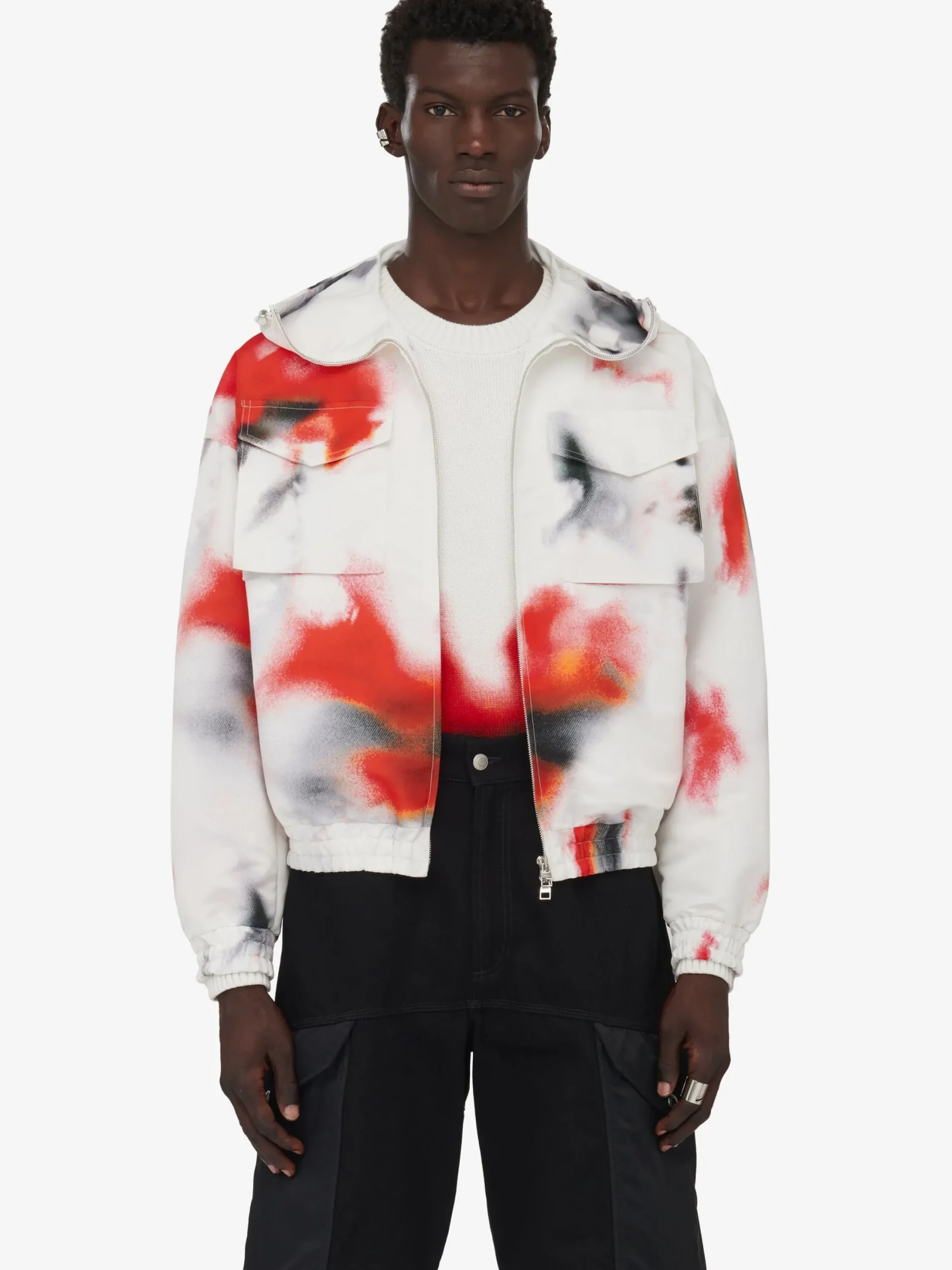 Shop Alexander McQueen Men's Obscured Flower Windbreaker in White/Red