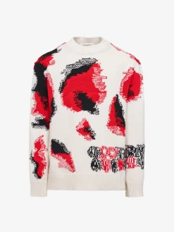Best Sale Alexander McQueen Men's Obscured Skull Intarsia Jumper in Ivory/Red/Black