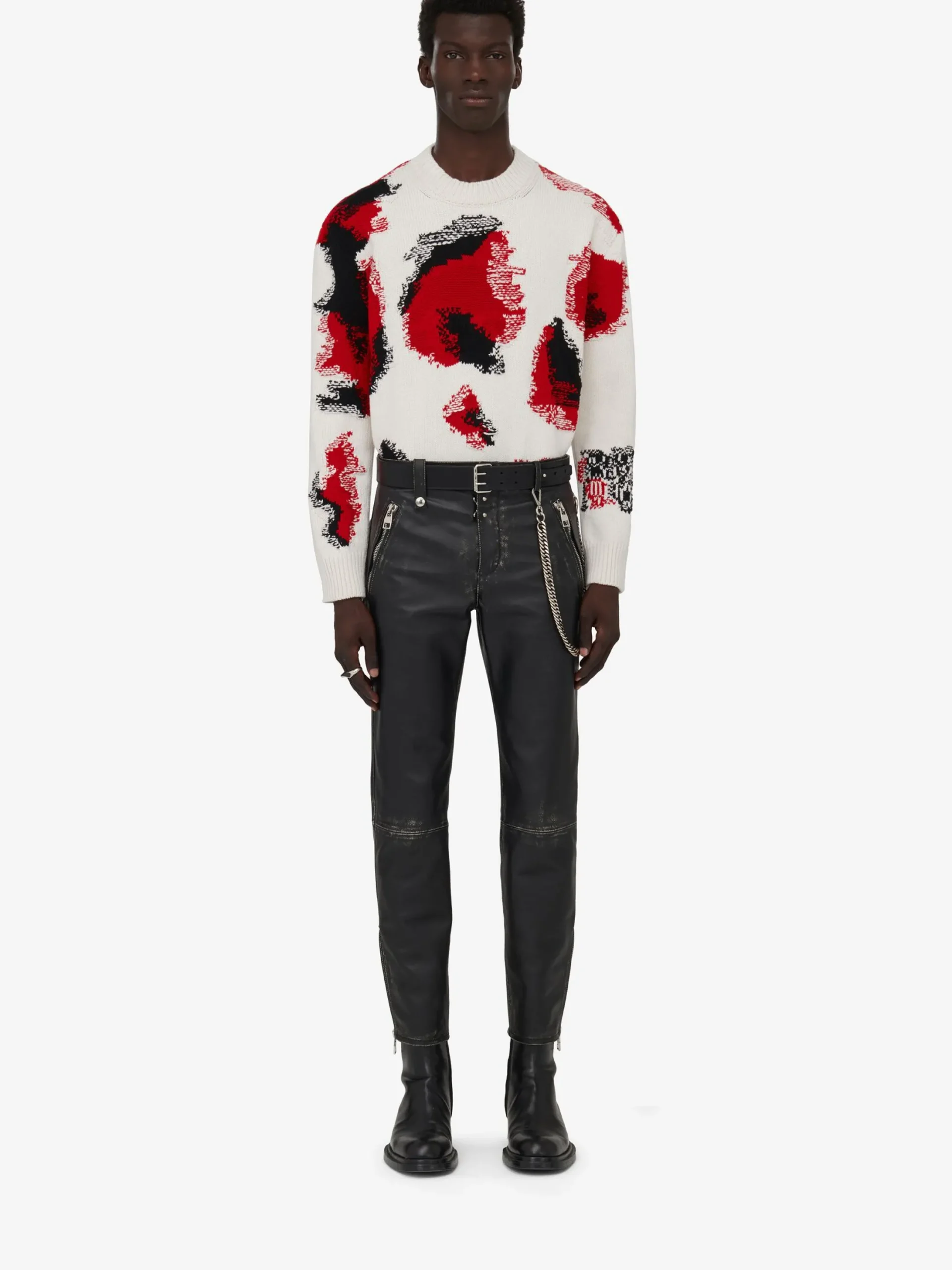 Best Sale Alexander McQueen Men's Obscured Skull Intarsia Jumper in Ivory/Red/Black
