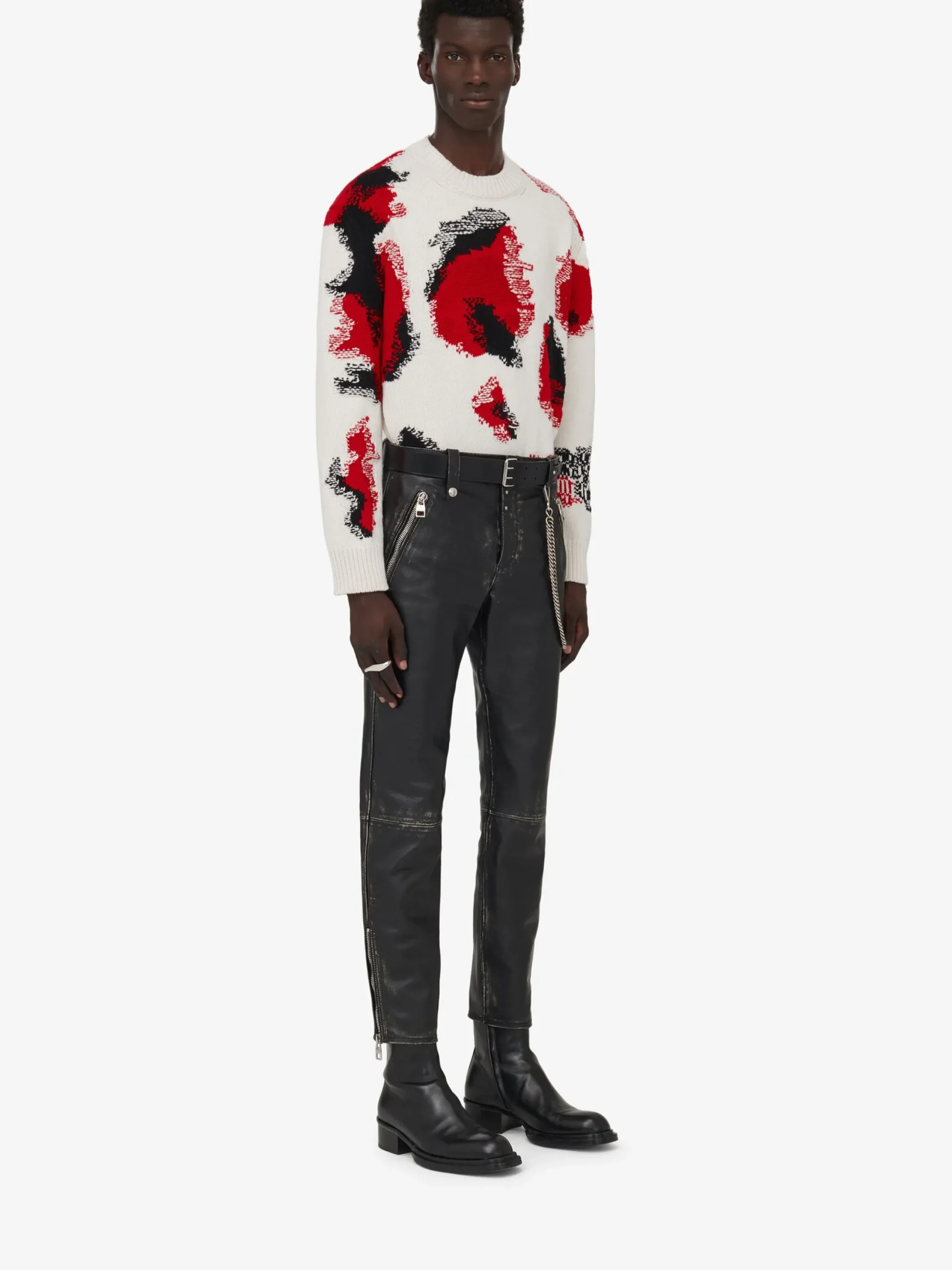 Best Sale Alexander McQueen Men's Obscured Skull Intarsia Jumper in Ivory/Red/Black
