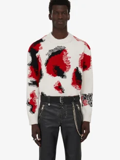 Best Sale Alexander McQueen Men's Obscured Skull Intarsia Jumper in Ivory/Red/Black
