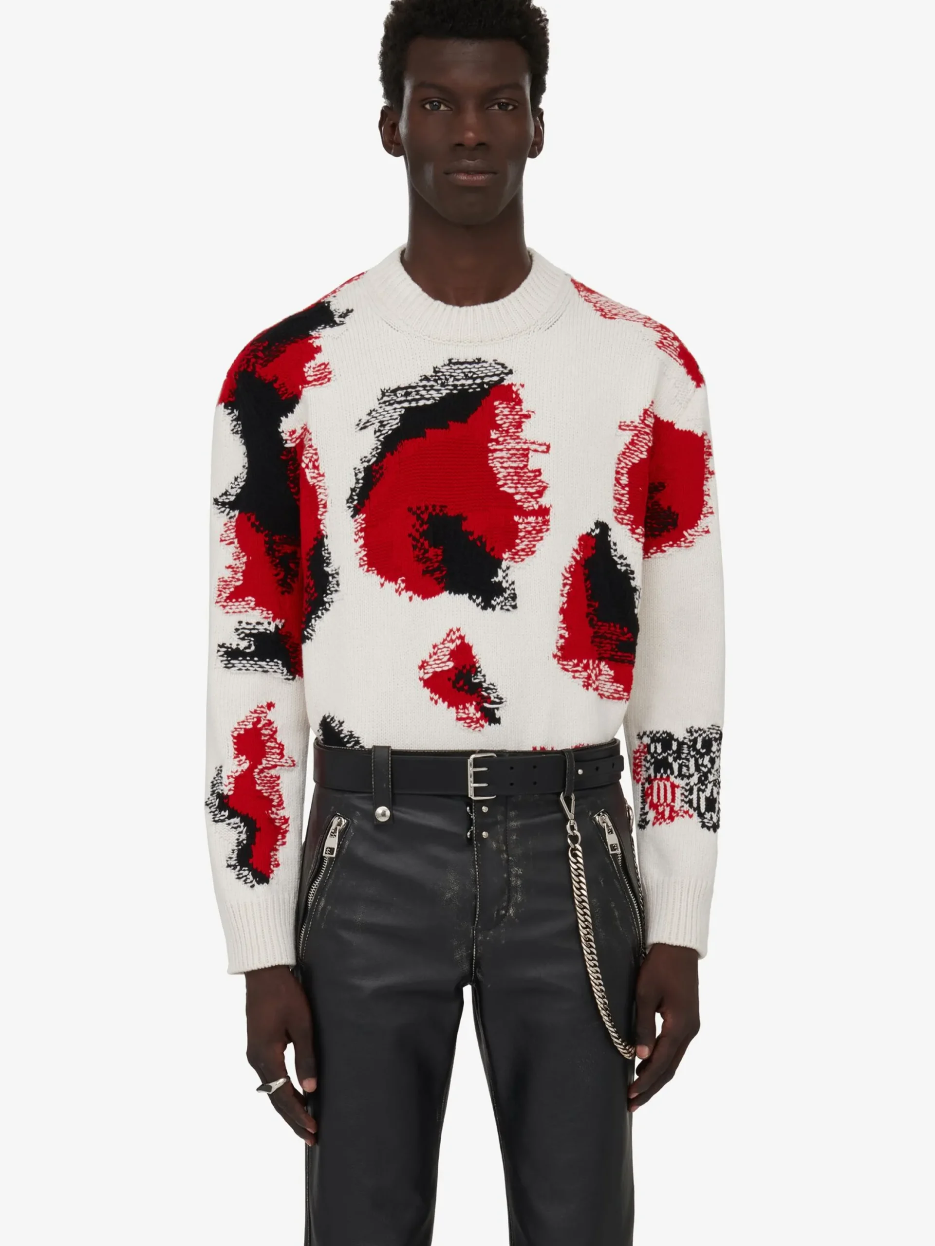 Best Sale Alexander McQueen Men's Obscured Skull Intarsia Jumper in Ivory/Red/Black