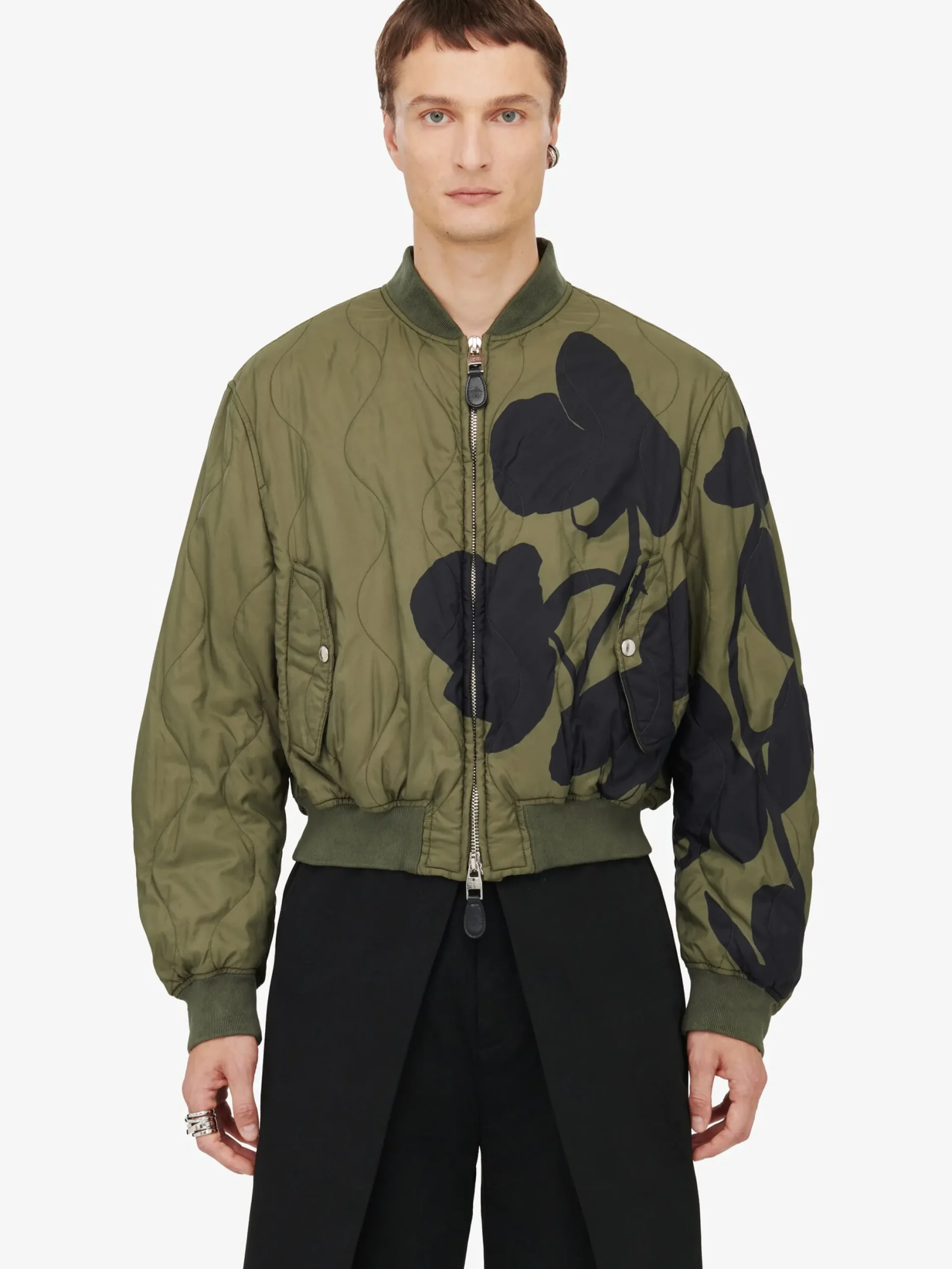 Shop Alexander McQueen Men's Orchid Bomber Jacket in Khaki/Black