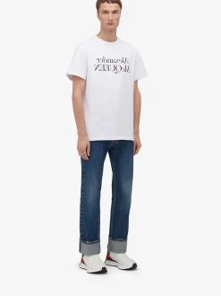 Discount Alexander McQueen Men's Reflected Logo T-shirt in White/Black