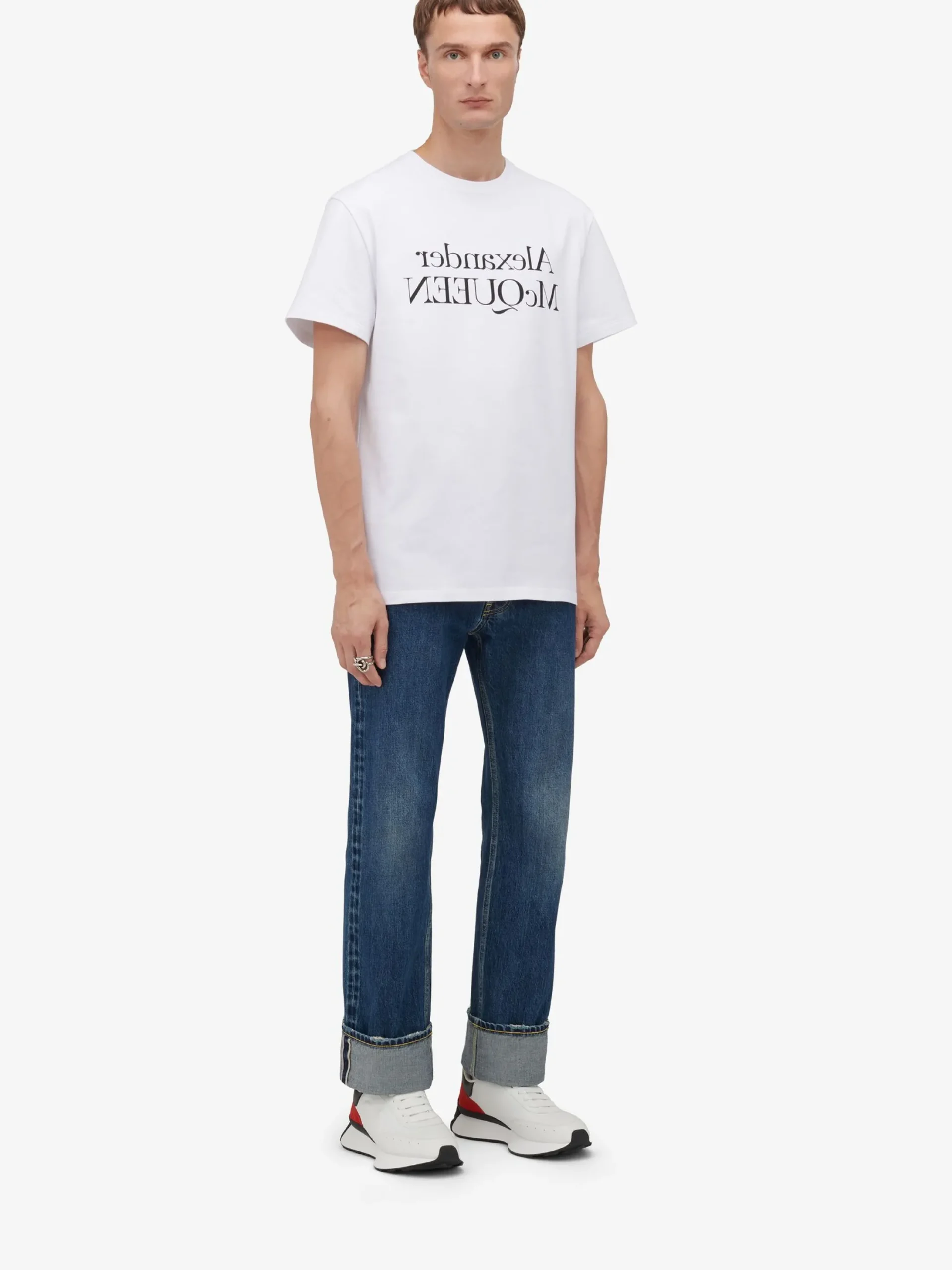 Discount Alexander McQueen Men's Reflected Logo T-shirt in White/Black
