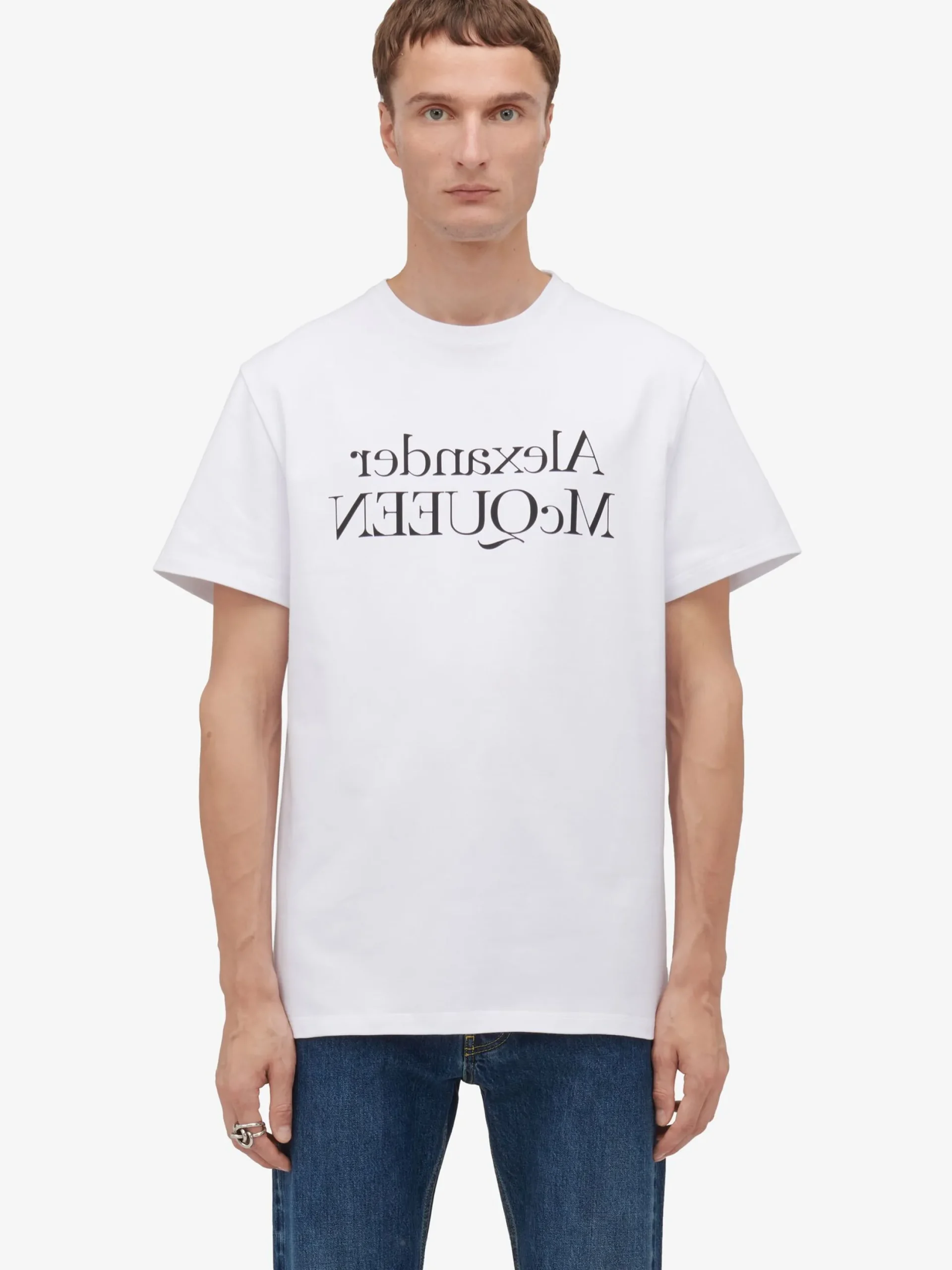 Discount Alexander McQueen Men's Reflected Logo T-shirt in White/Black