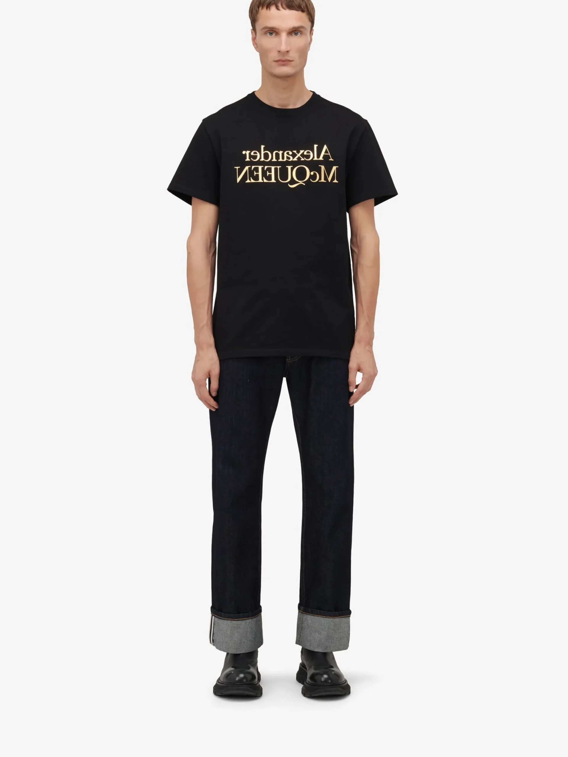 Best Alexander McQueen Men's Reflected Logo T-shirt in Black/ Gold