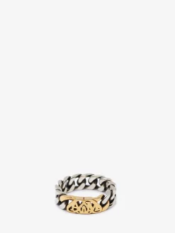 Best Sale Alexander McQueen Men's Seal Logo Chain Ring in Silver