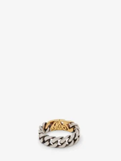 Best Sale Alexander McQueen Men's Seal Logo Chain Ring in Silver