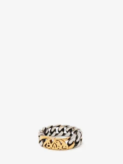 Best Sale Alexander McQueen Men's Seal Logo Chain Ring in Silver
